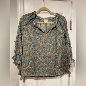 Melloday Size L Blue Paisley Smocked 3/4 Ruffle Sleeve V Neck Tie Peasant Top